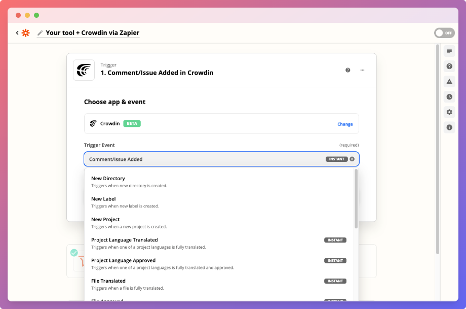Setting up a trigger in Zapier Screenshot
