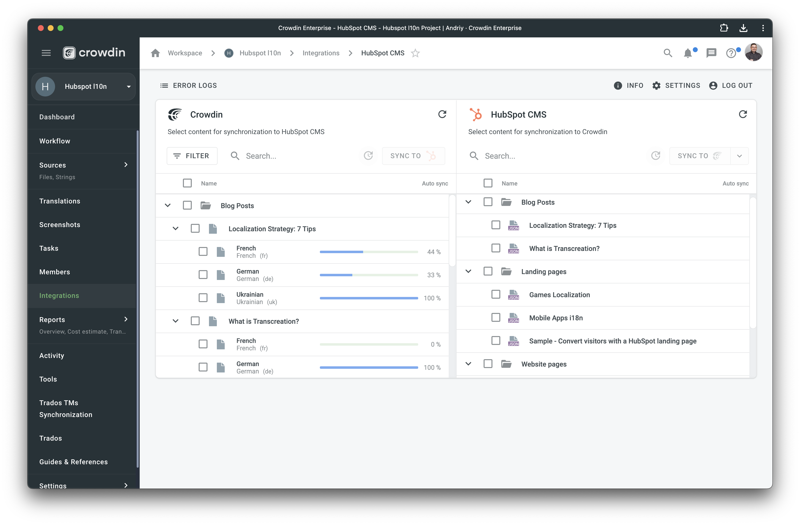 HubSpot CMS translation synchronization. Screenshot