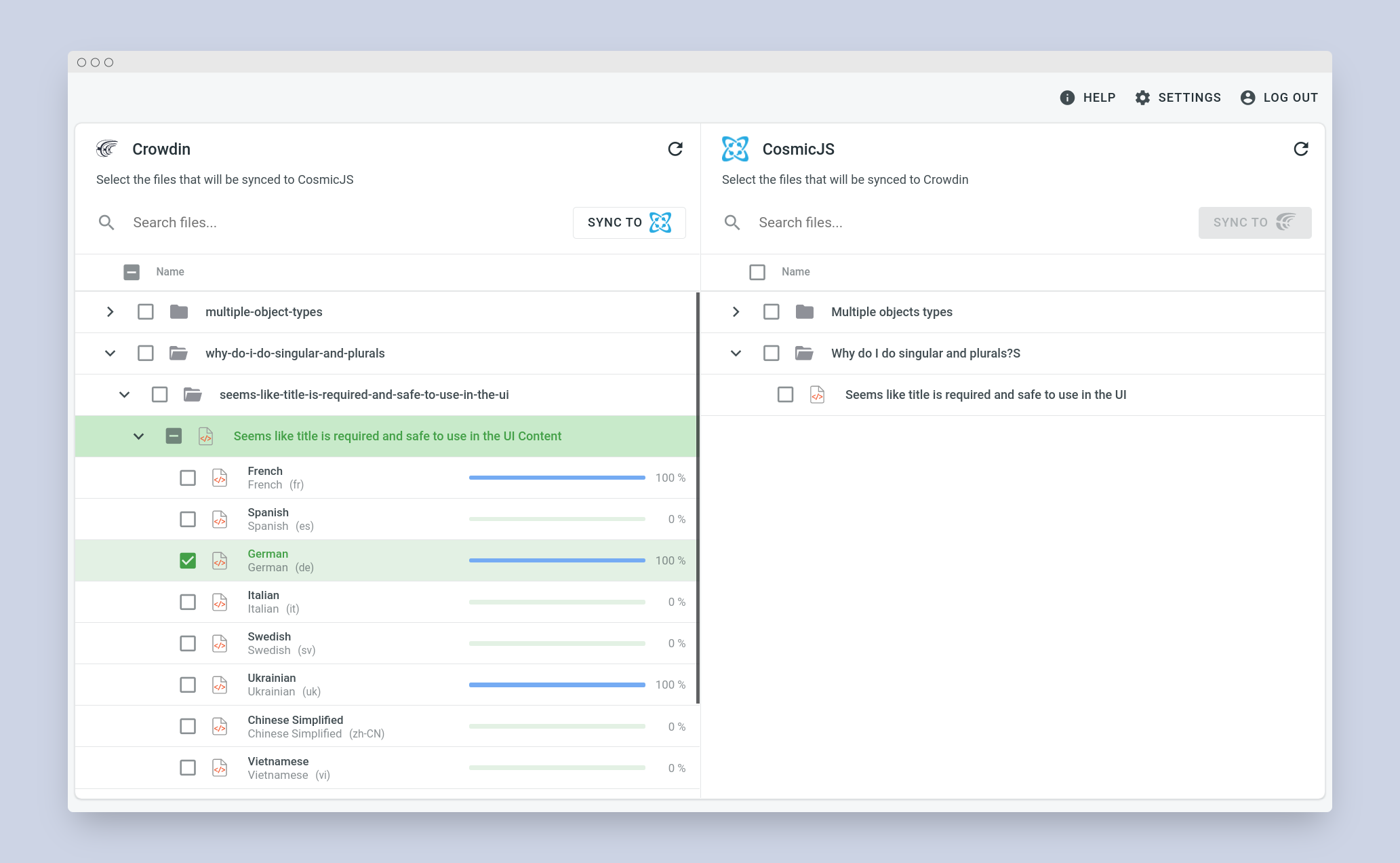 Cosmic JS translation synchronization. Screenshot