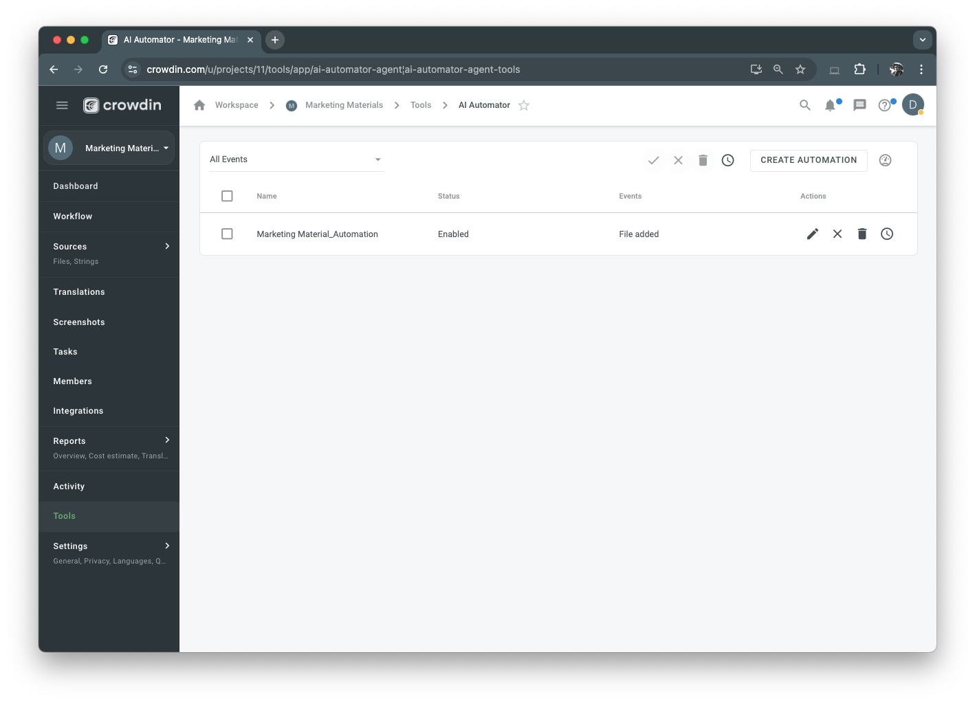 Screenshot of the AI Automator integration in Crowdin