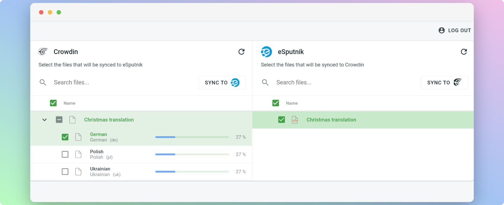 eSputnik translation synchronization. Screenshot