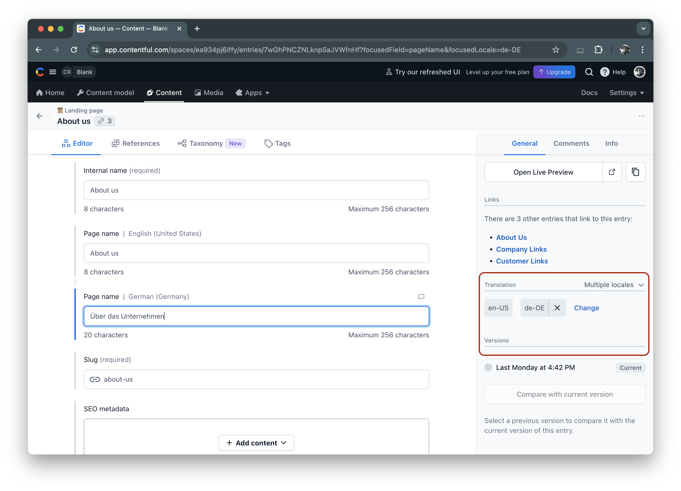 Native Contentful App. Contentful localization in the Contentful editor: screenshot