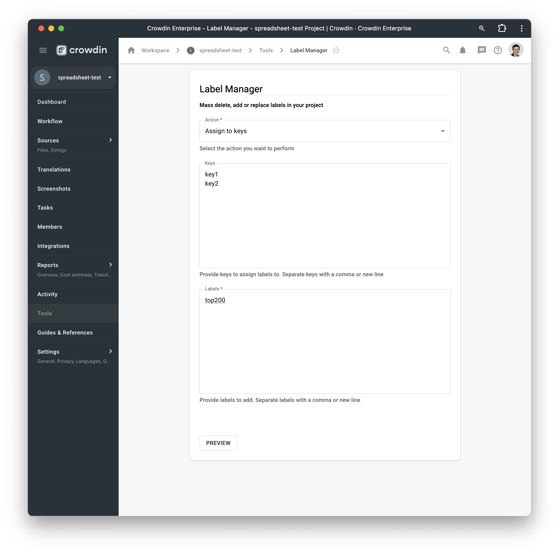 Mass actions on labels in Crowdin