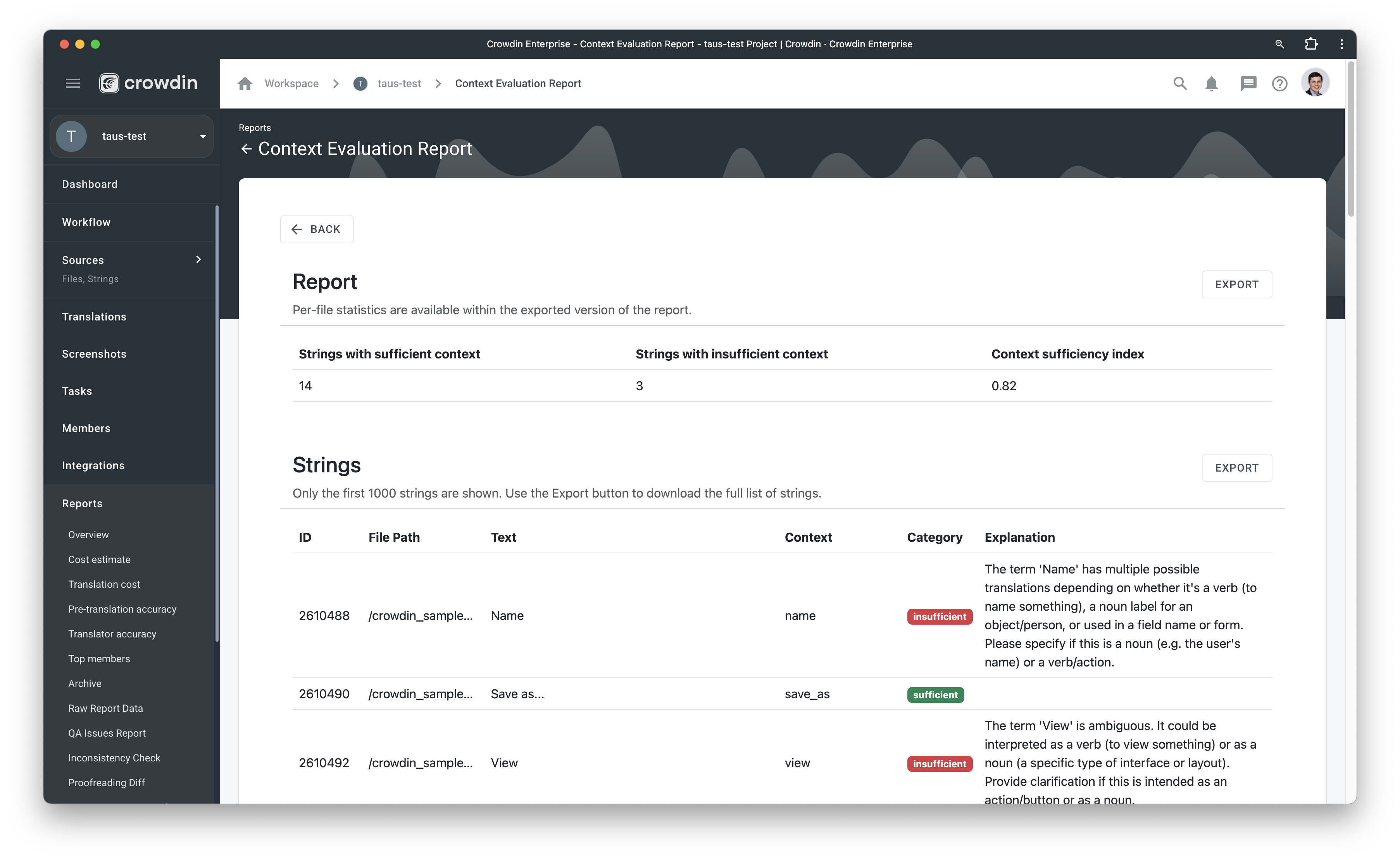 Context Quality report in Crowdin