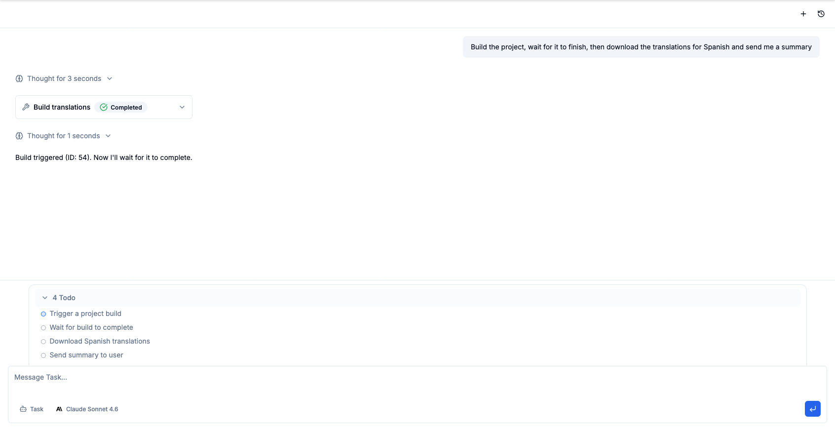 Todo queue showing 4 planned steps: Trigger build, Wait for build, Download translations, Send summary
