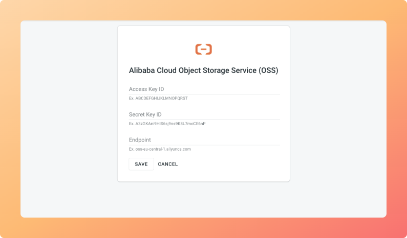 Alibaba Cloud Object Storage Service (OSS) configuration. Screenshot