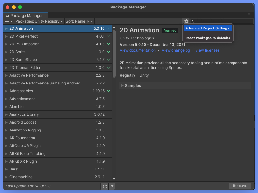 Unity Package Manager, screenshot