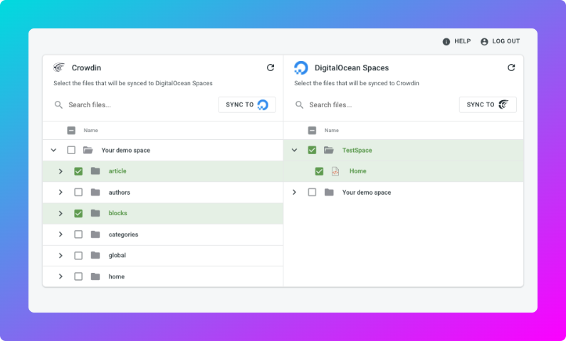 DigitalOcean Spaces translation synchronization. Screenshot
