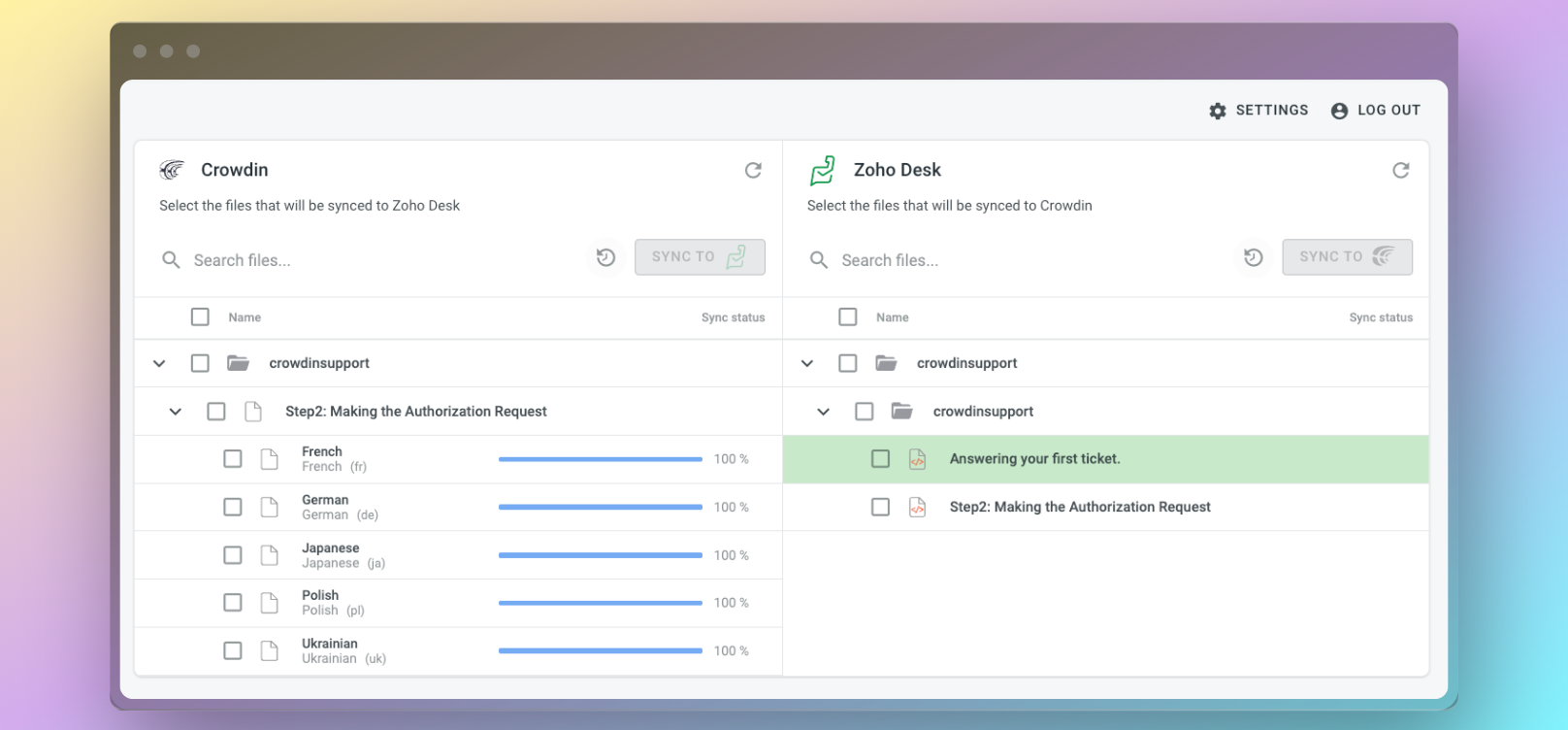 Zoho Desk translation synchronization. Screenshot