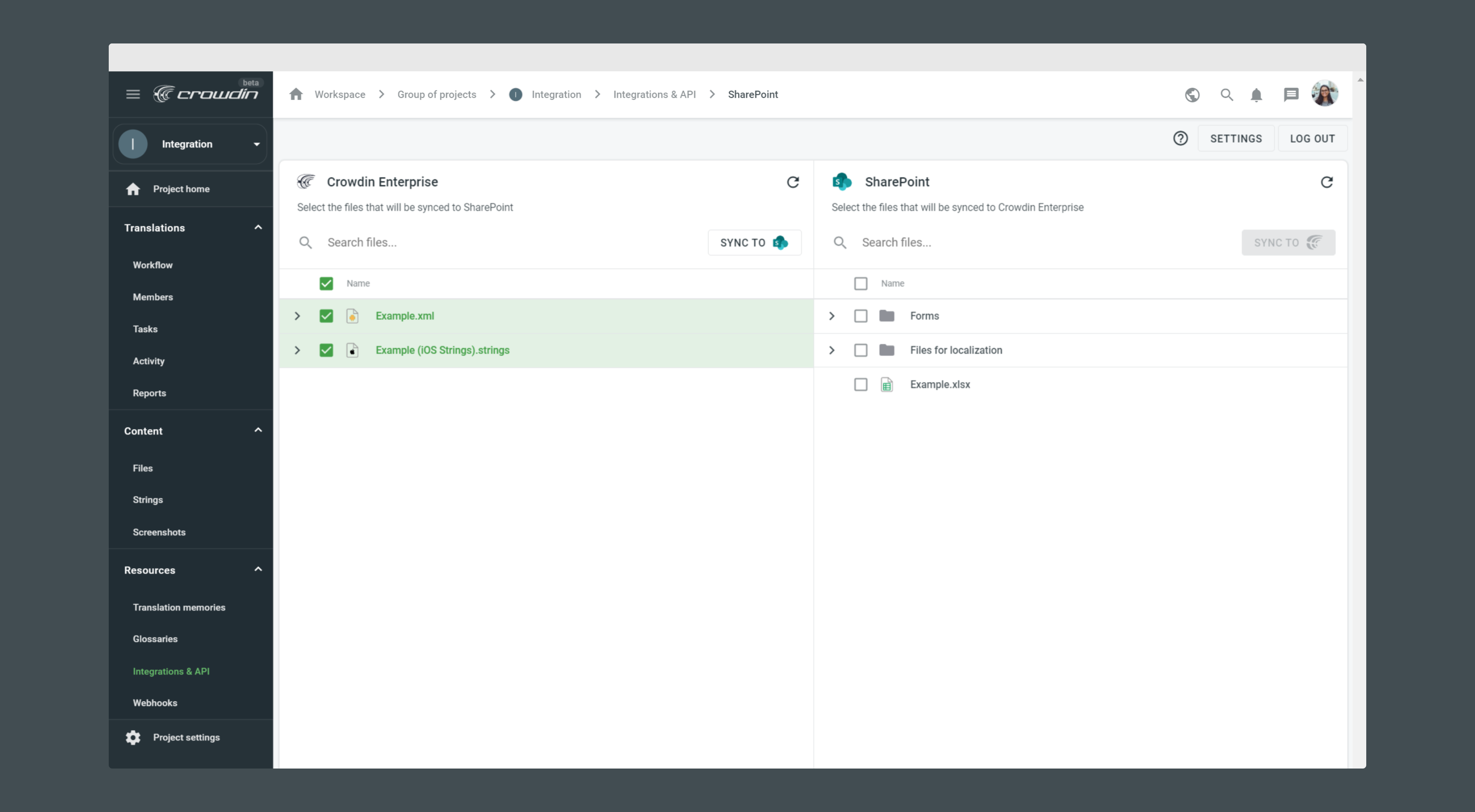 Microsoft SharePoint translation synchronization. Screenshot