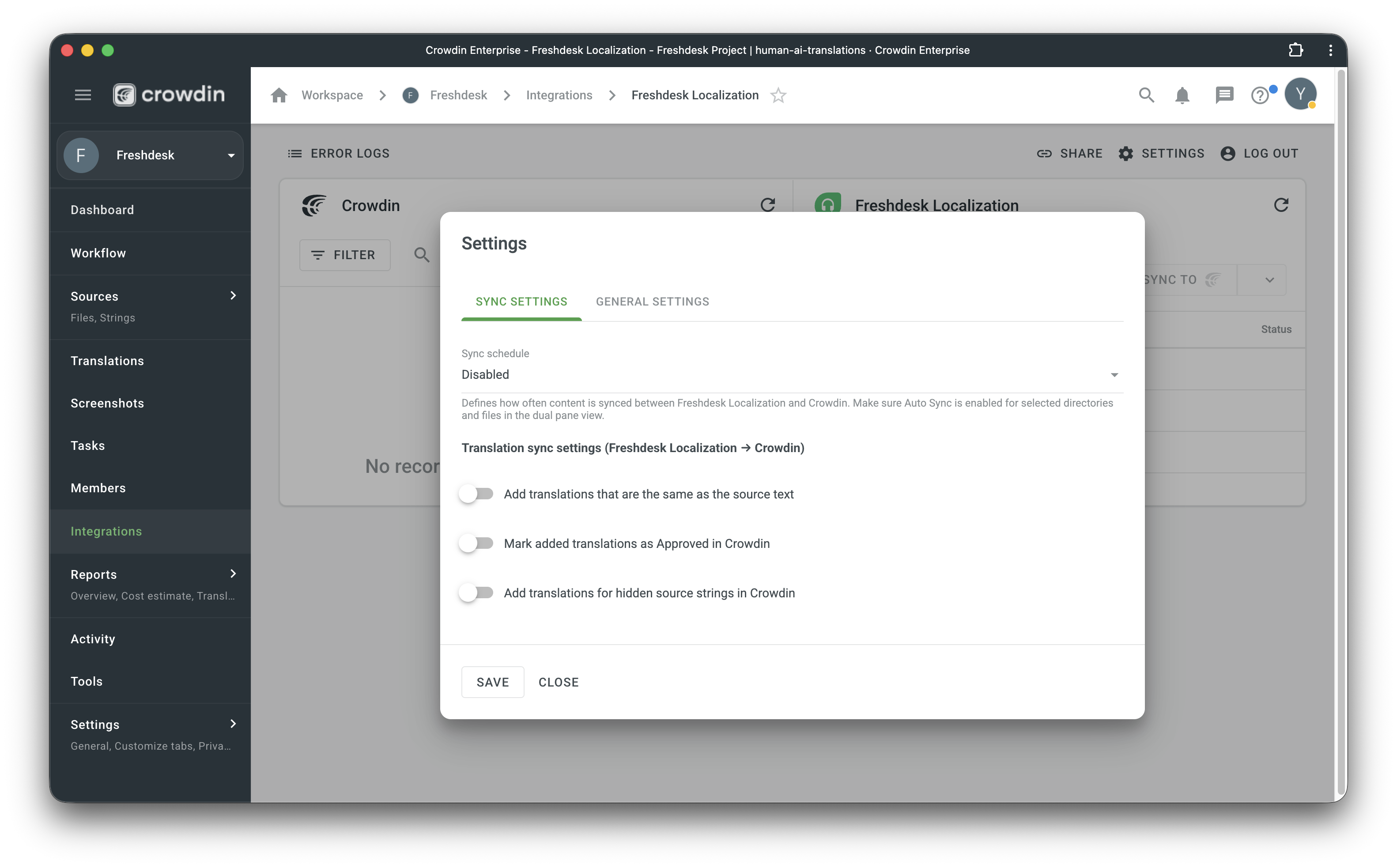 Freshdesk Sync Settings