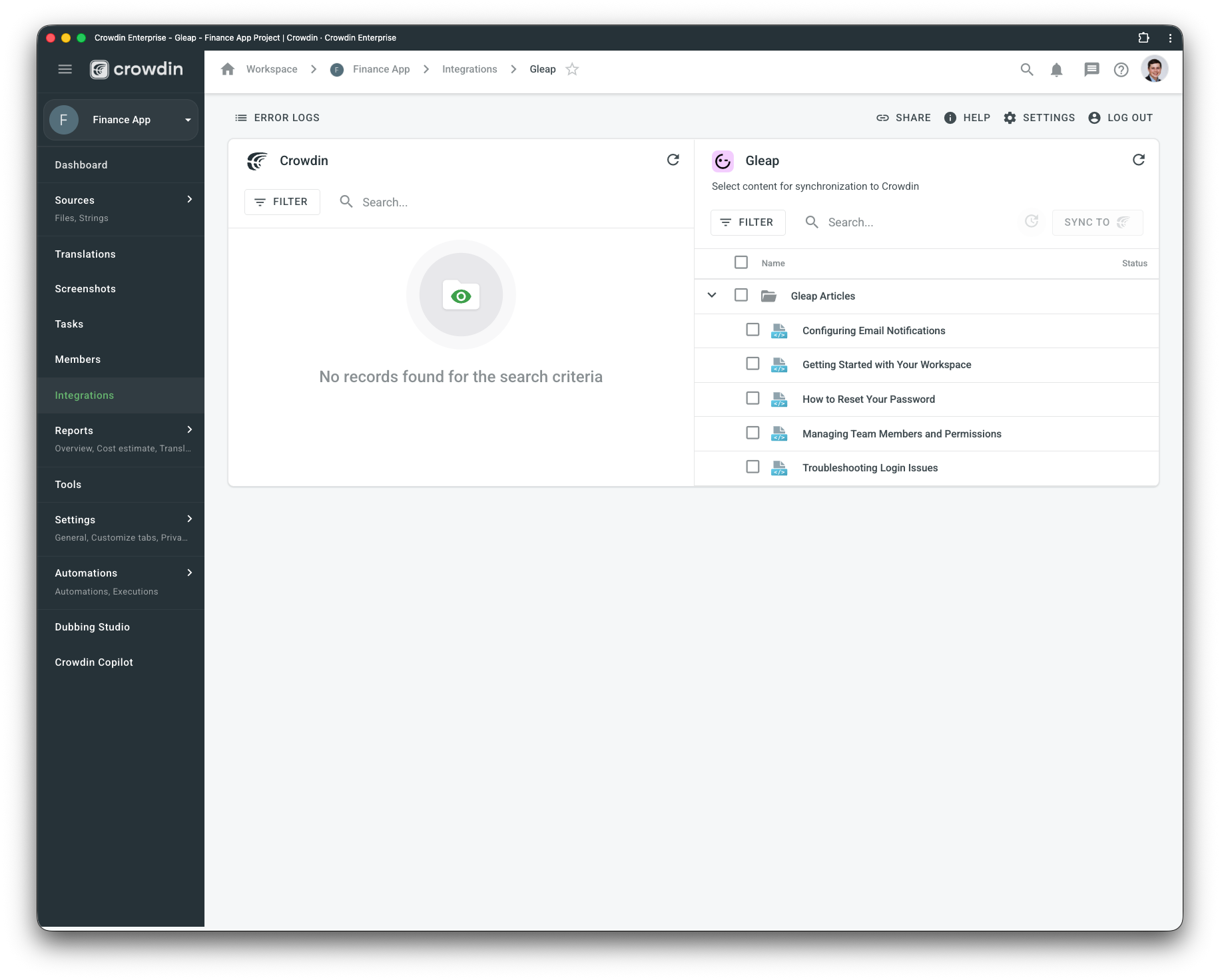 Gleap translation synchronization. Screenshot