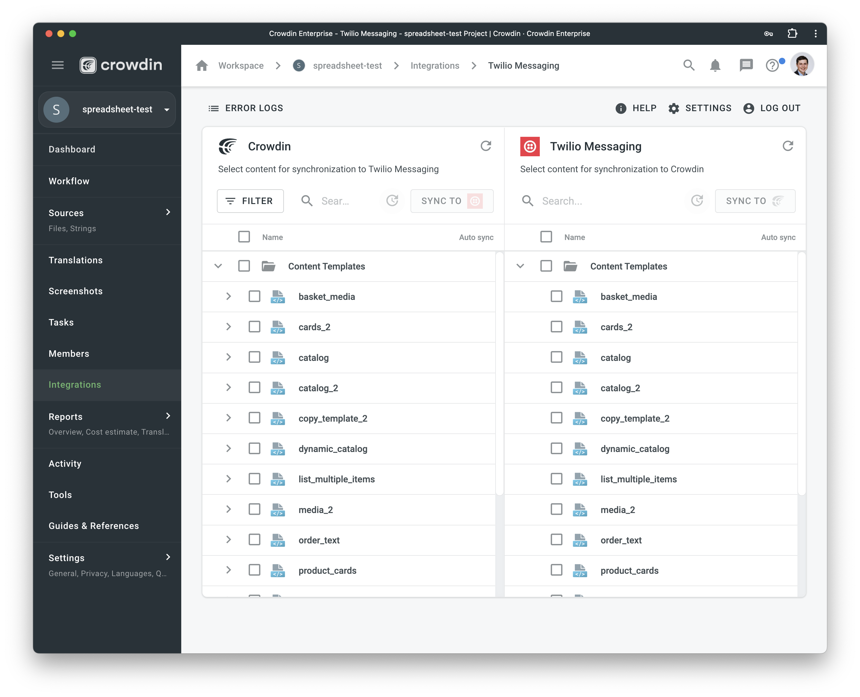 Twilio Messaging translation synchronization. Screenshot