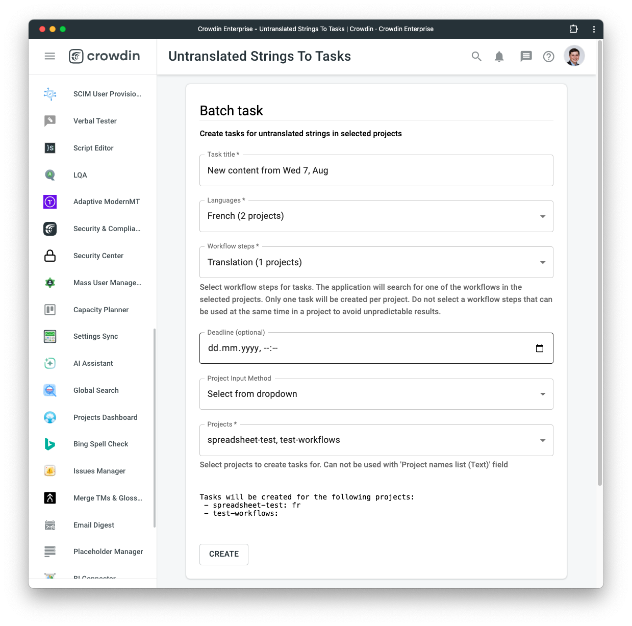 Create multiple tasks in Crowdin Enterprise