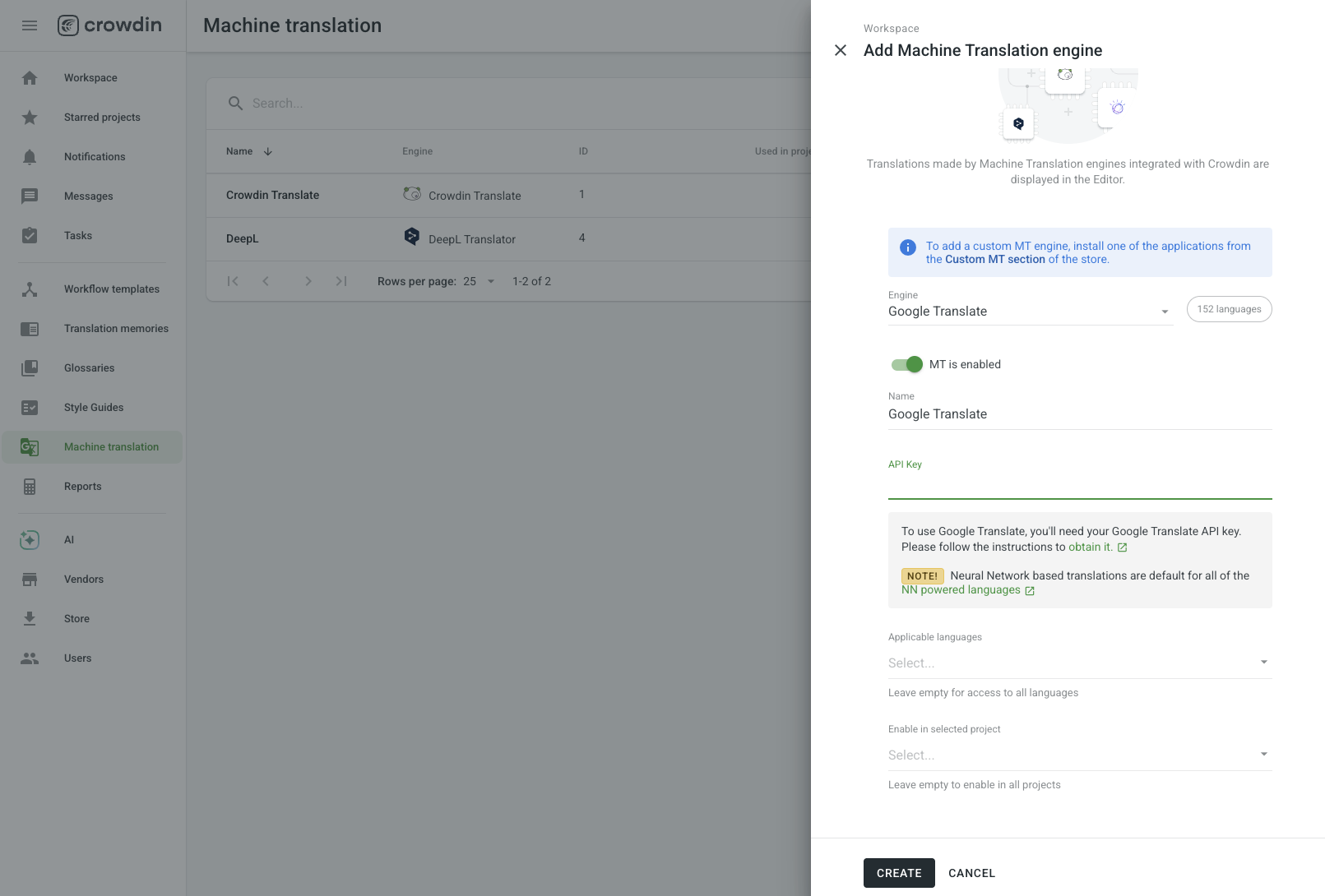 Configure Google Transalte API in Crowdin