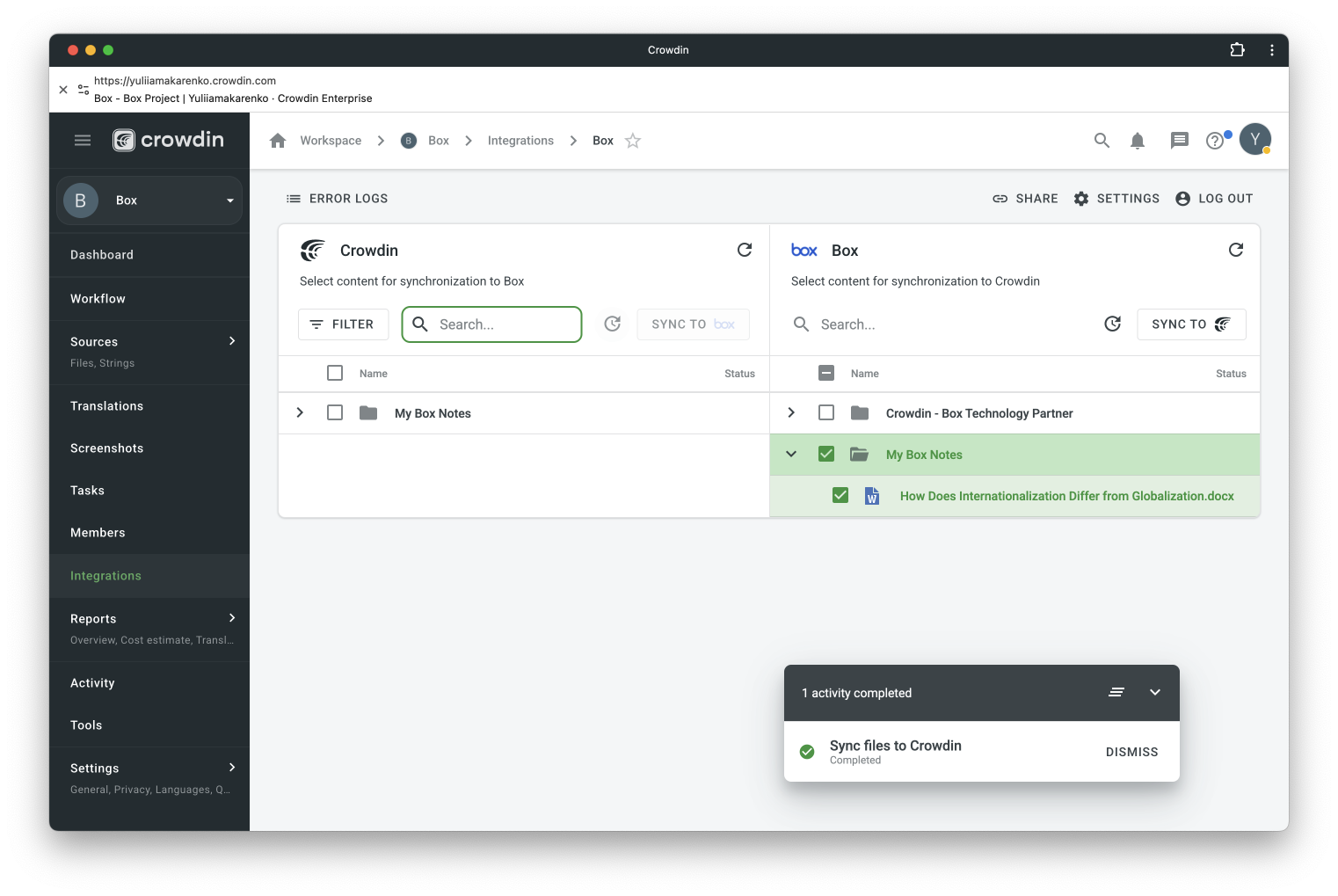 Manual synchronization from Box to Crowdin