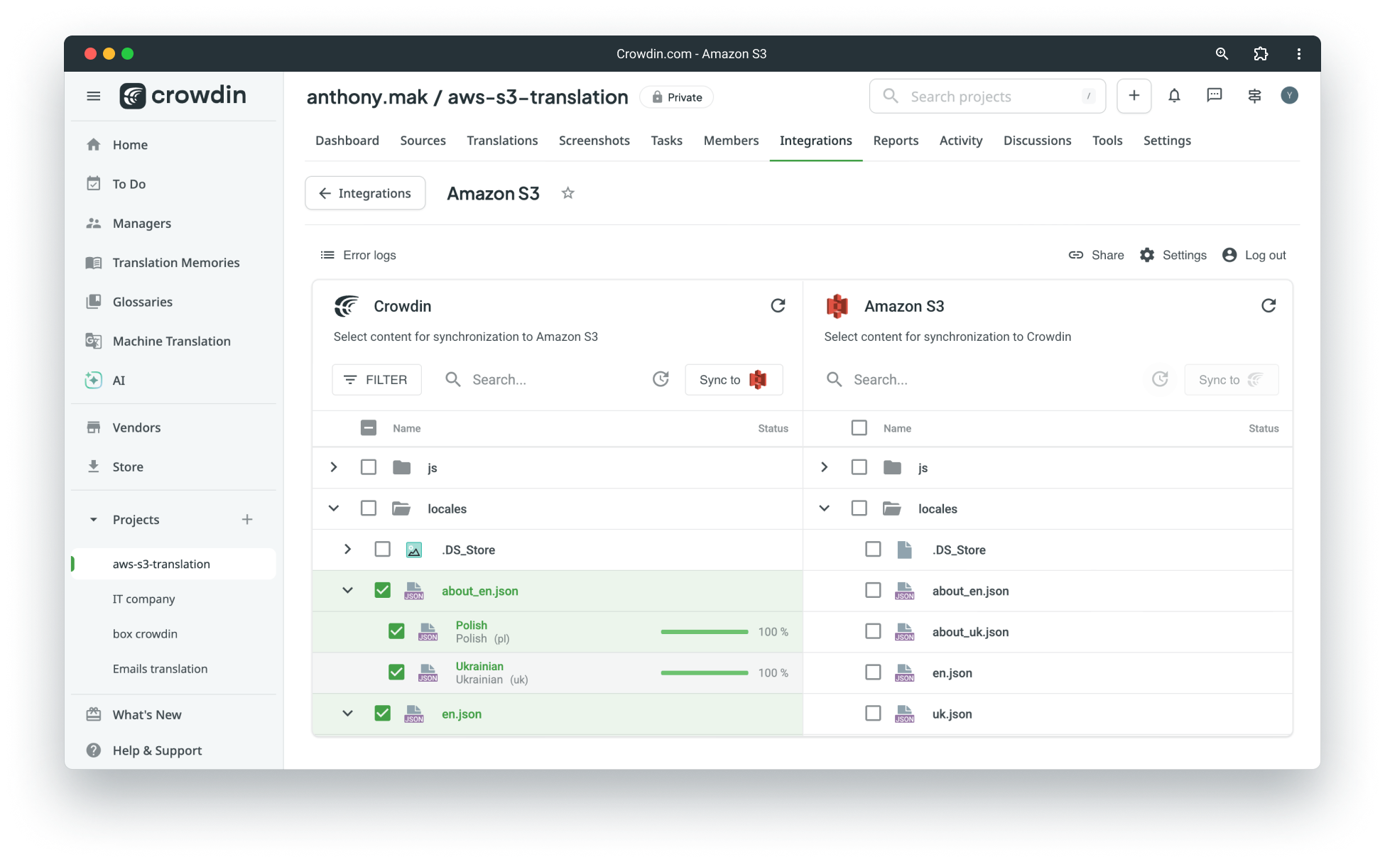Sync translated files back to Amazon AWS S3