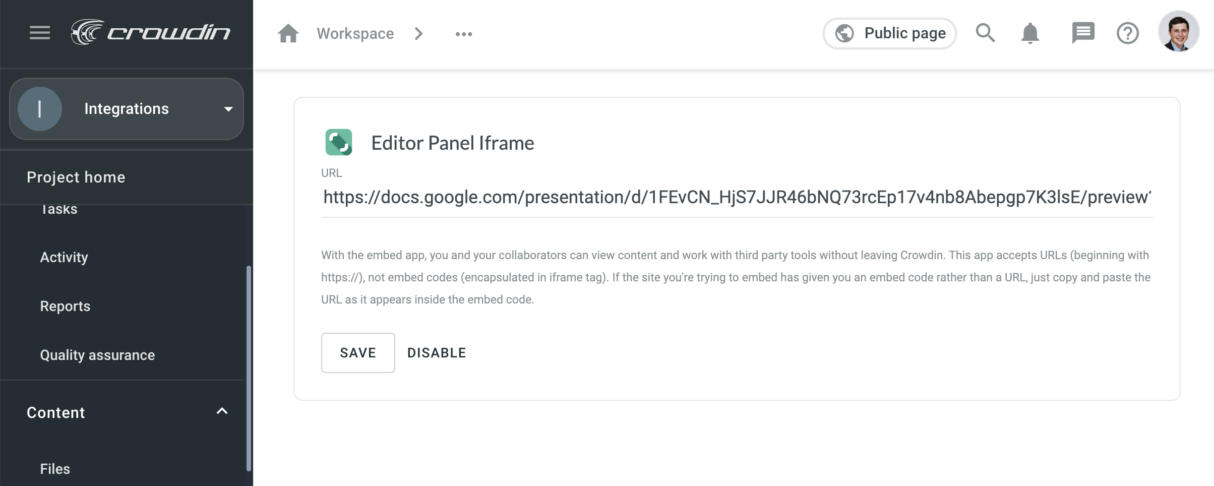 Editor Iframe Embedded. Screenshot