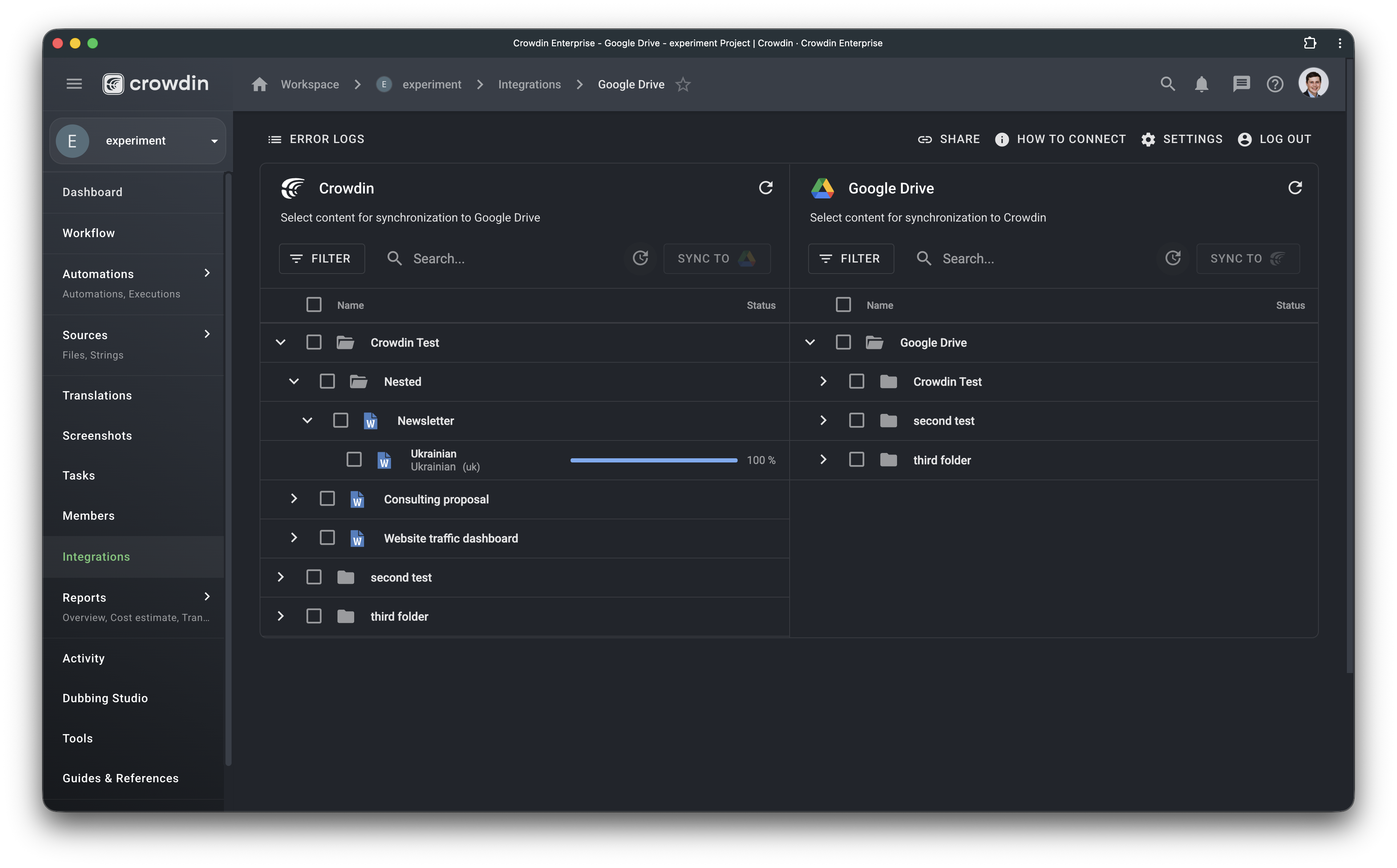 Google Drive synchronization screen Translate Google Drive files inside Crowdin