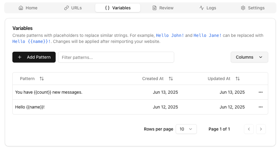 Variables tab