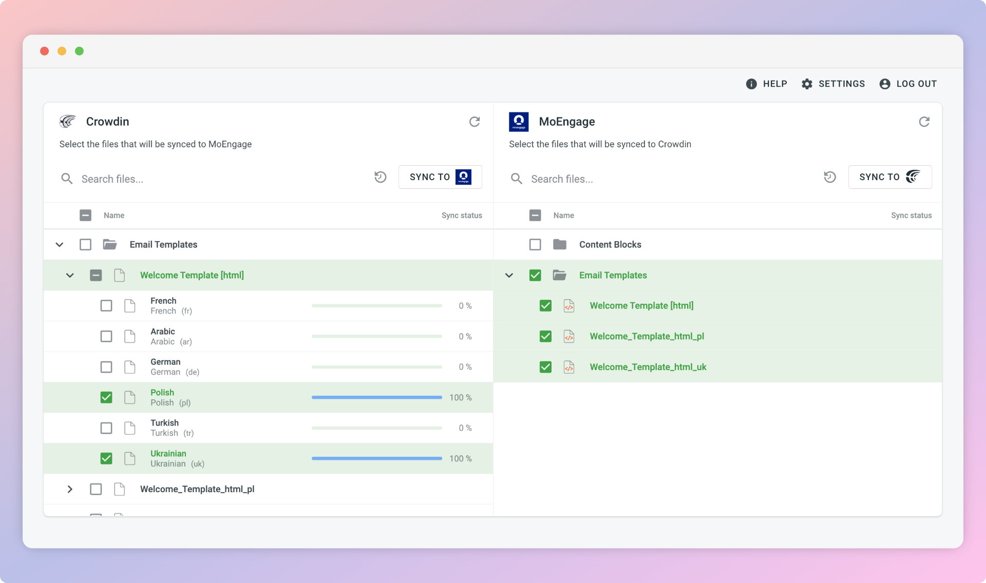 MoEngage translation synchronization. Screenshot