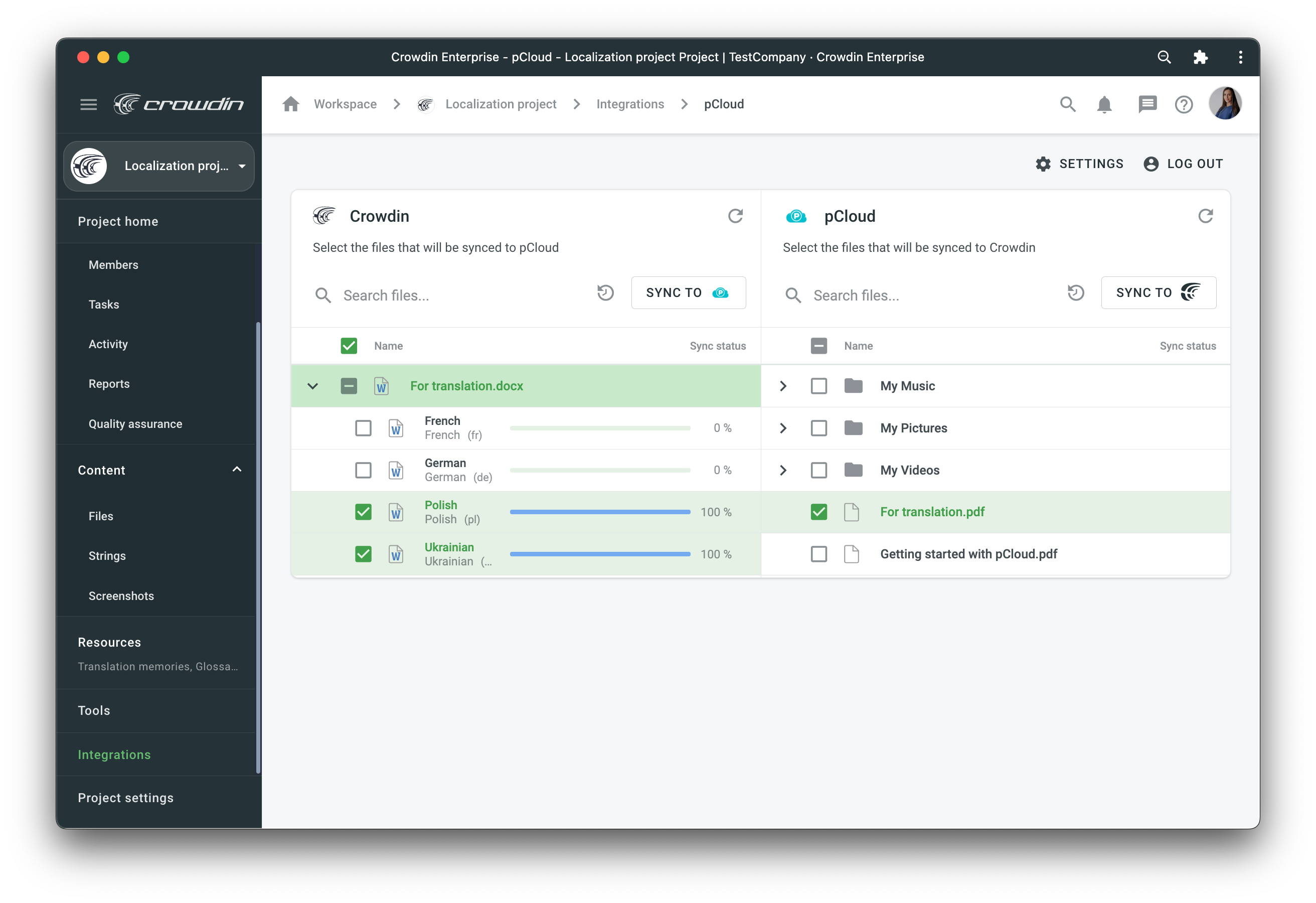 pCloud translation synchronization. Screenshot
