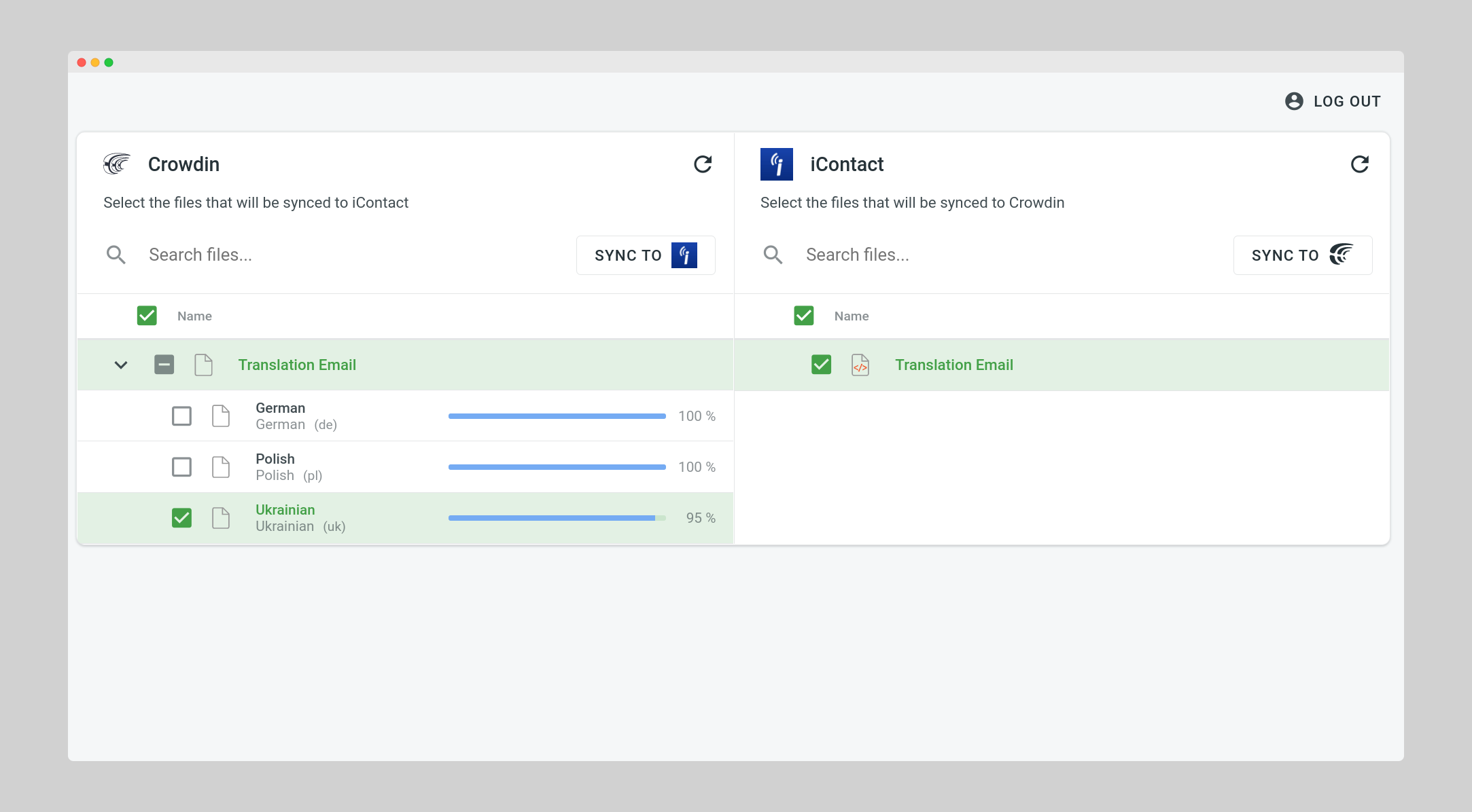 iContact translation synchronization. Screenshot