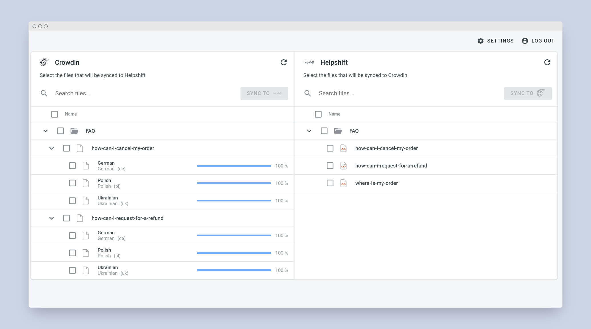 Helpshift translation synchronization. Screenshot