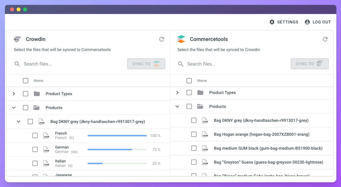 Commercetools translation synchronization. Screenshot