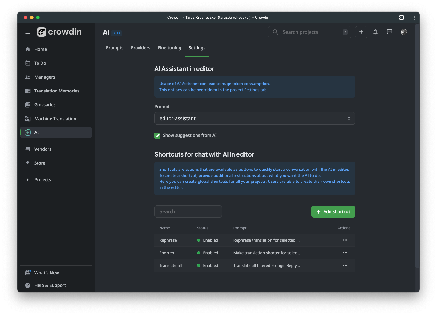 AI Assistant Setup for Editor (Crowdin, screenshot)