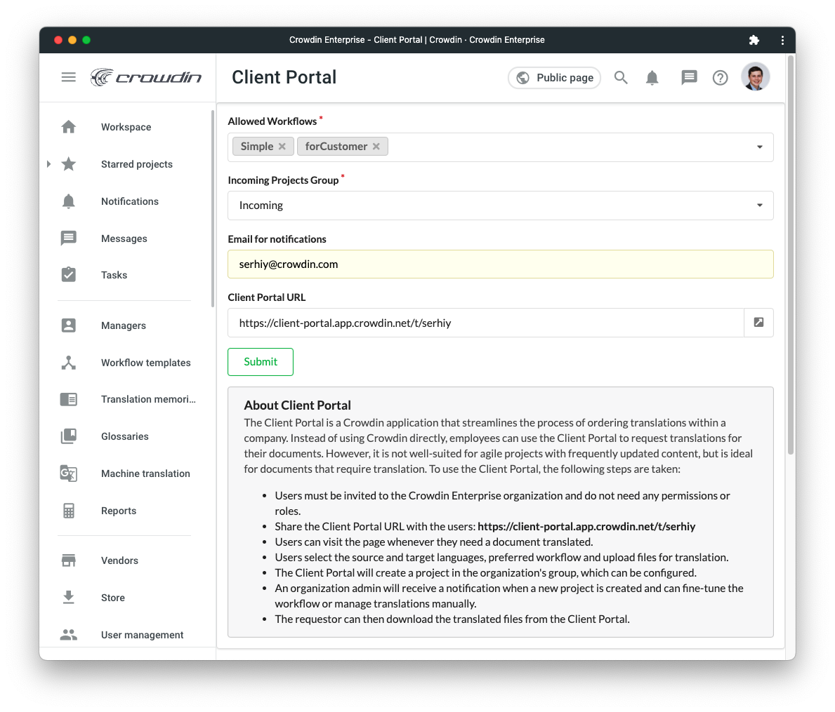 Crowdin Client Portal Configuration