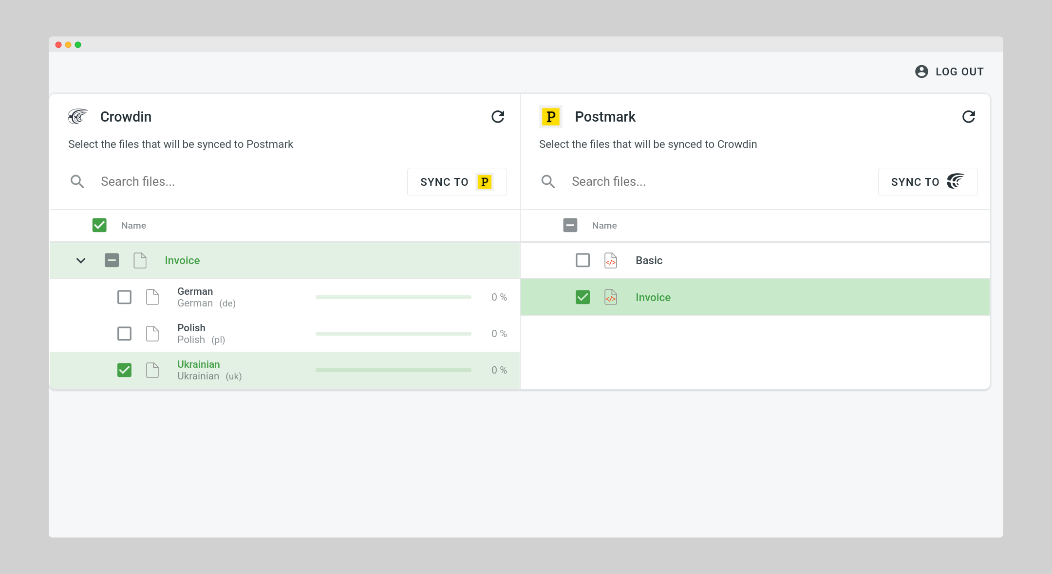 Postmark translation synchronization. Screenshot