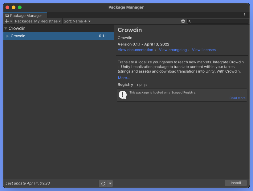 Crowdin installation, Unity window screenshot