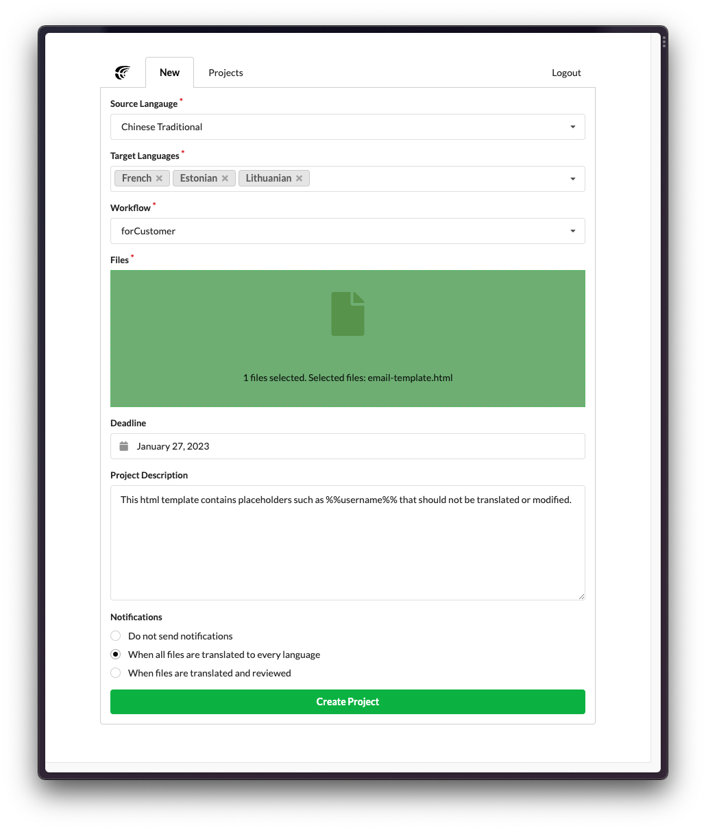 New Translation Request via Crowdin Client Portal