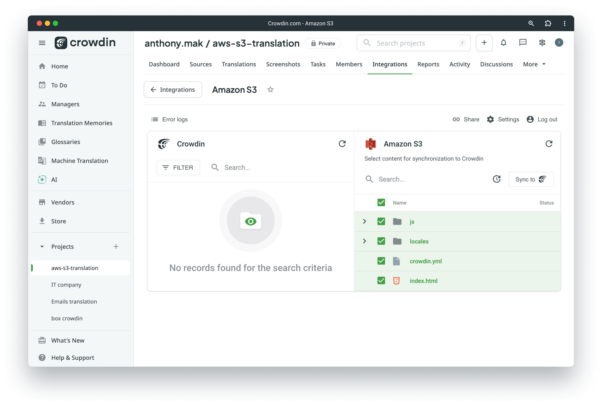 Amazon AWS S3 translation synchronization to Crowdin