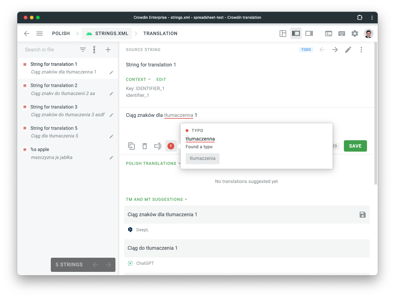 Sapling Spellcheck in Crowdin Editor