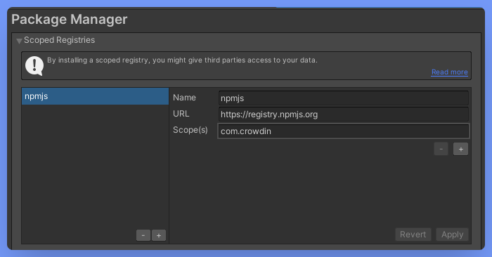 Connecting Crowdin localizatin software to Unity, screenshot