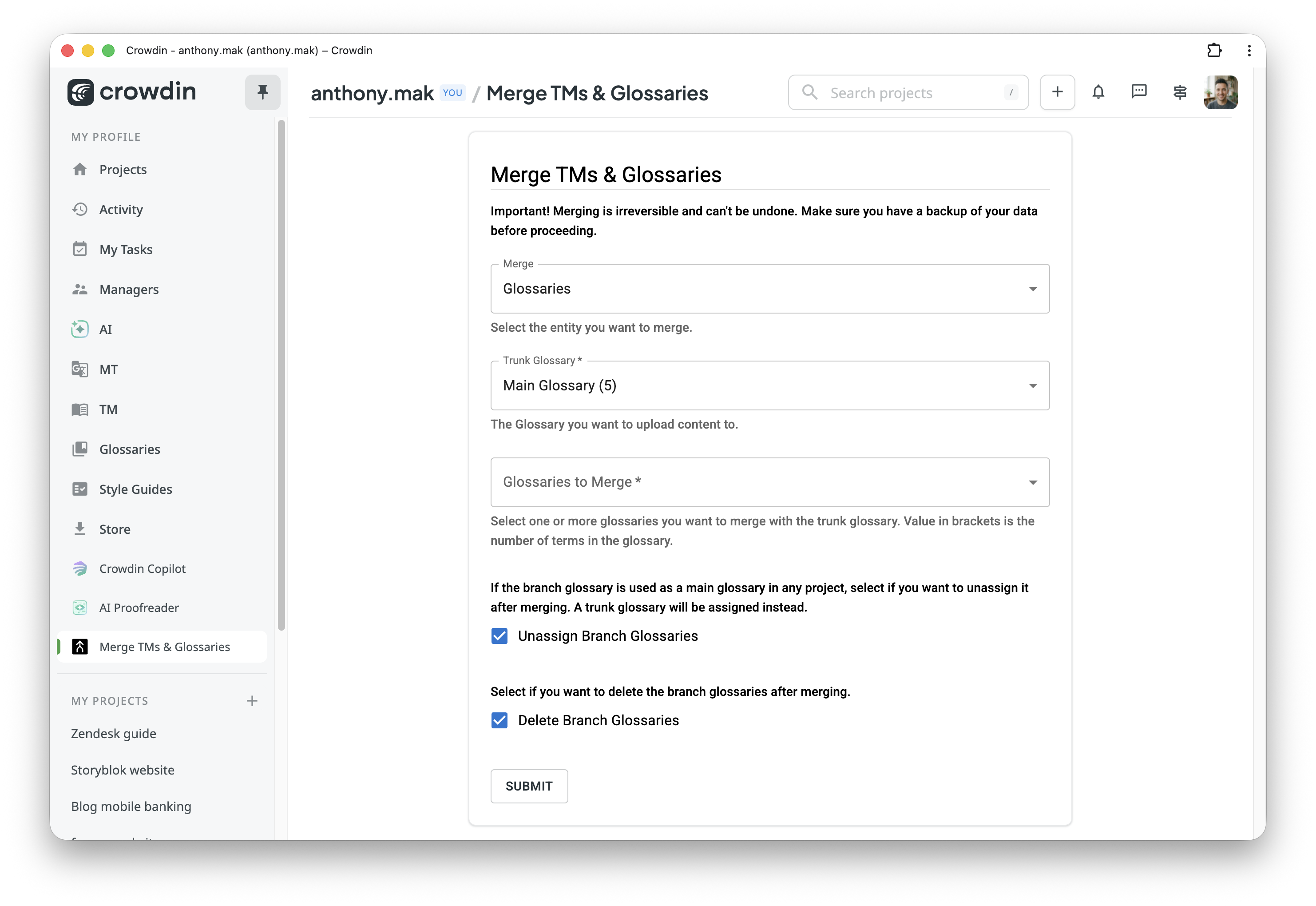 Merge TM or glossary in Crowdin