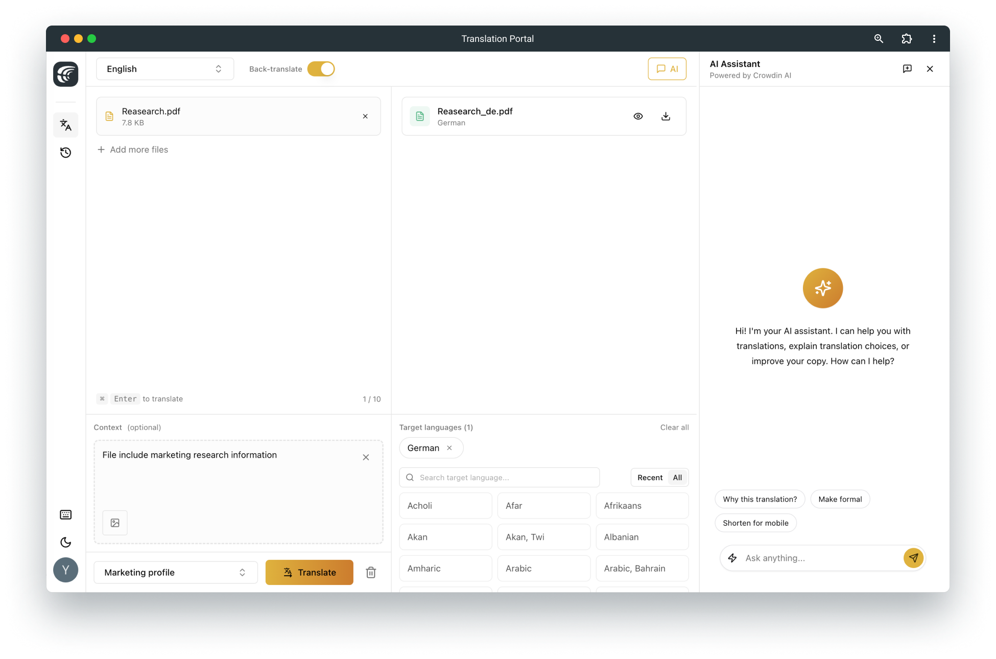 File translation in Crowdin Translation Portal