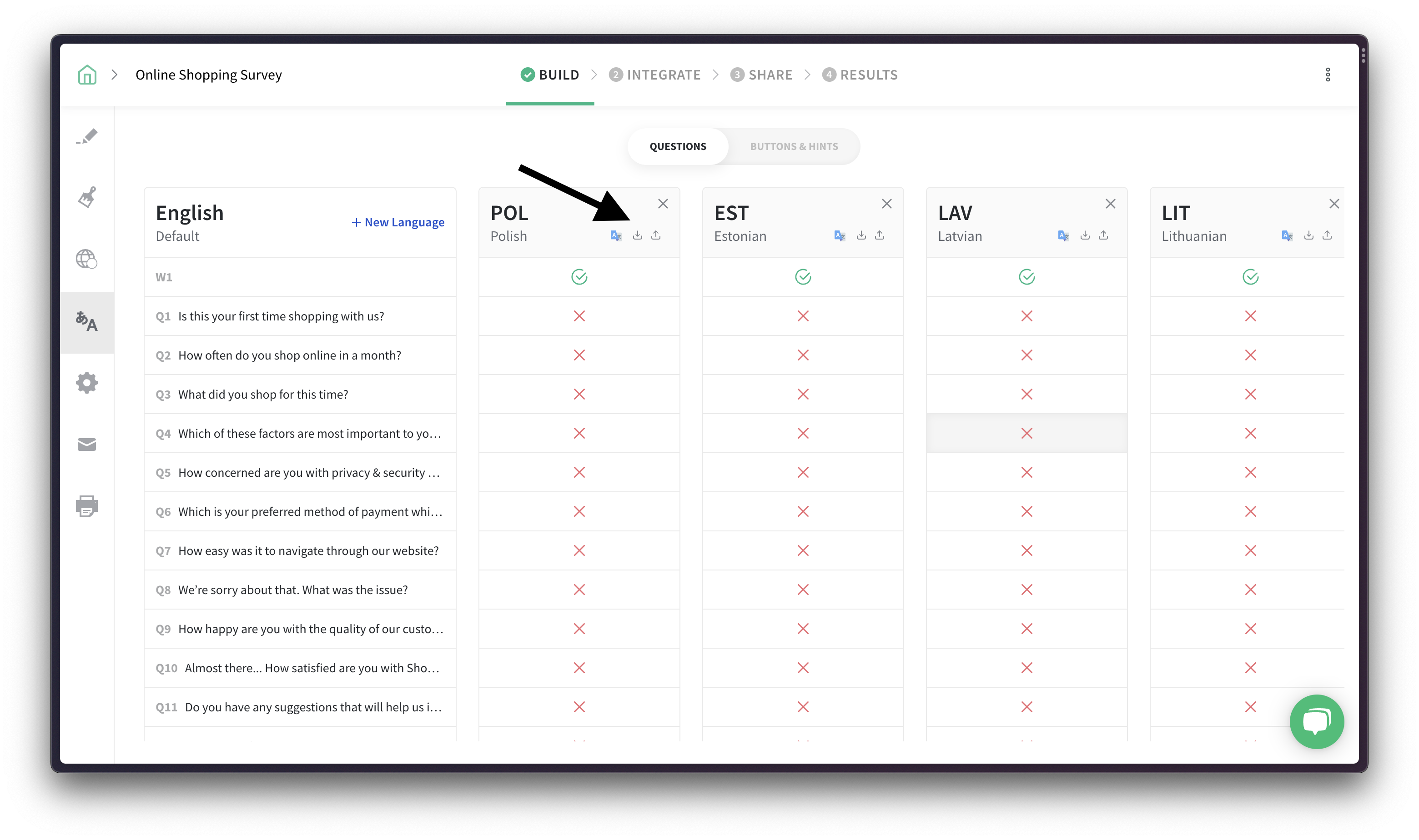 Survey languages display