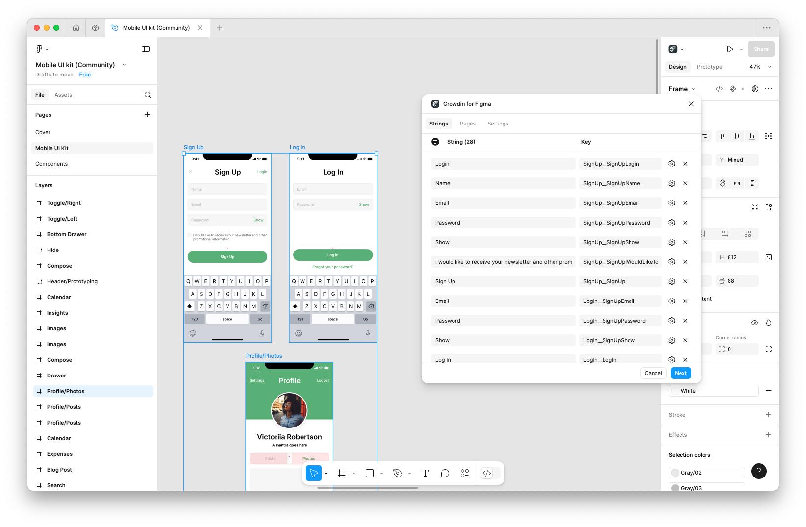 Translation in Figma Editor, screenshot of the process