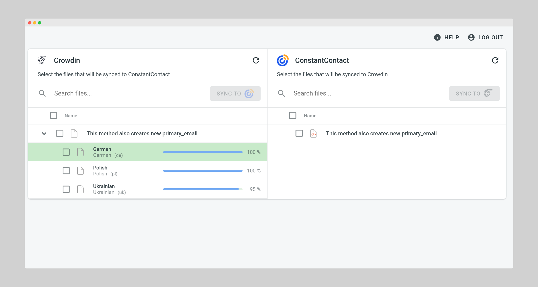 Constant Contact translation synchronization. Screenshot