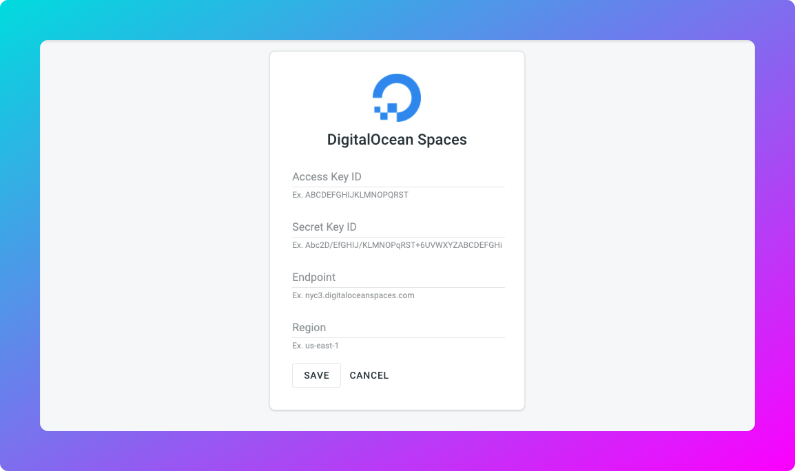 DigitalOcean Spaces configuration. Screenshot