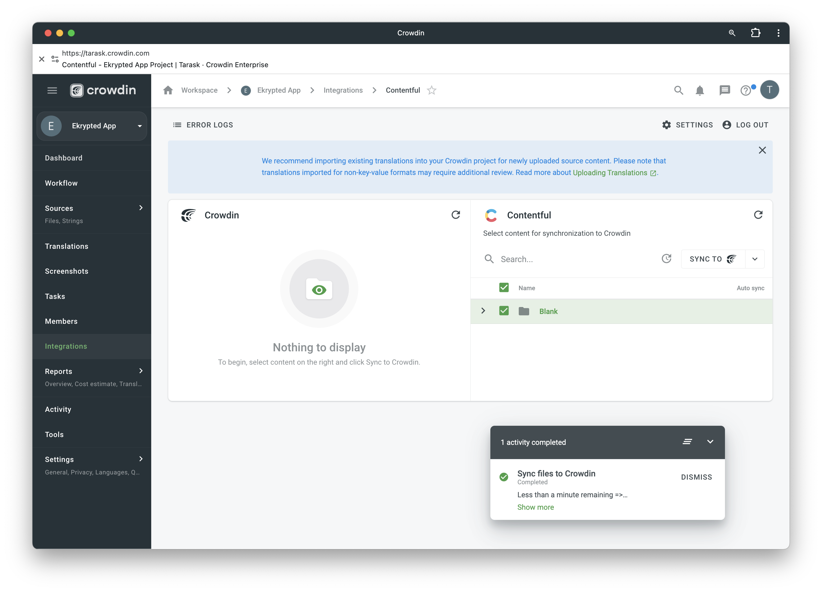 Contentful translation synchronization. Screenshot of how are the Contentful files connected to a translation management system