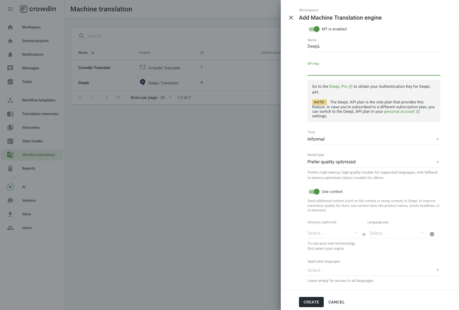 Configure DeepL in Crowdin