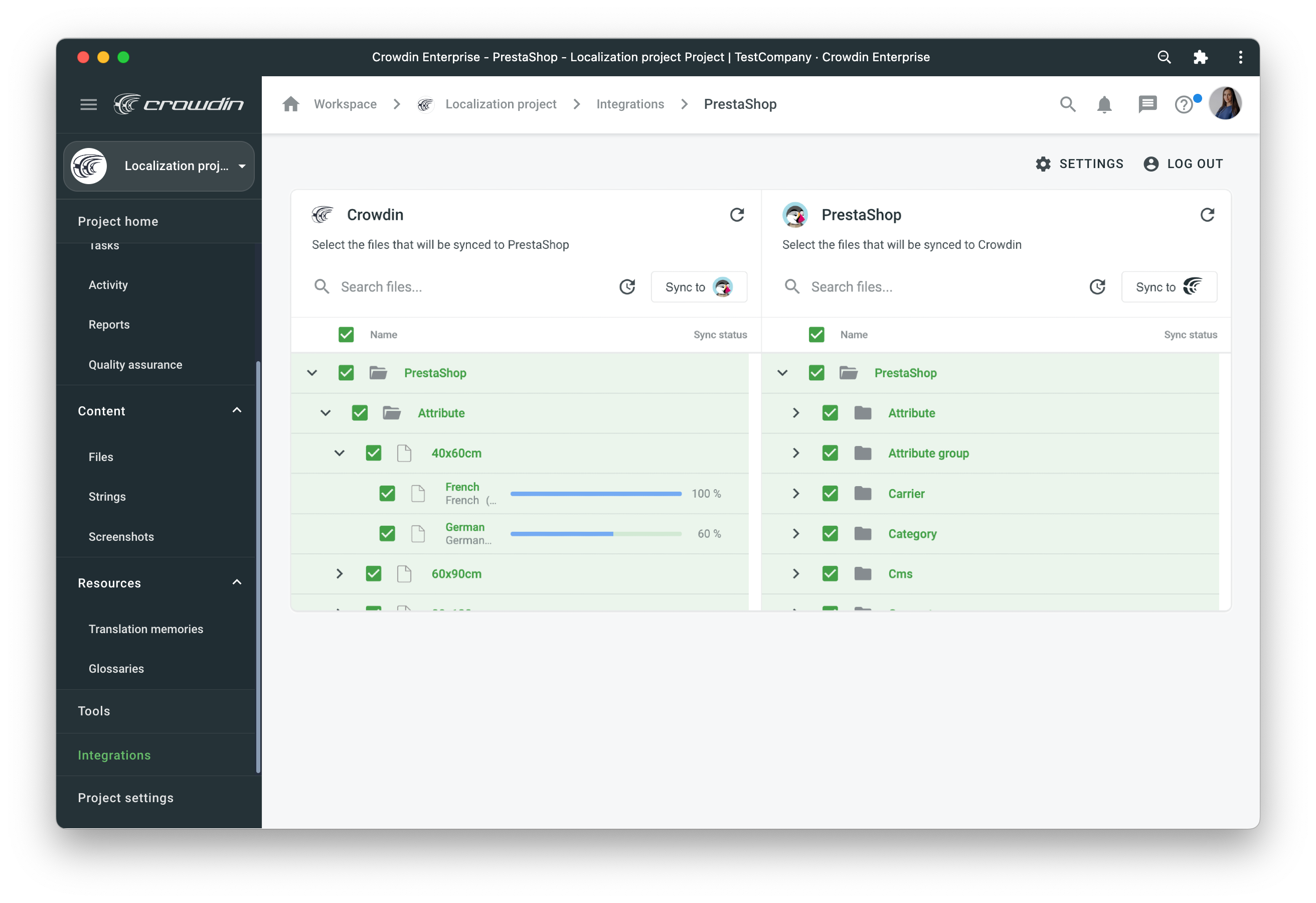 PrestaShop translation synchronization. Screenshot