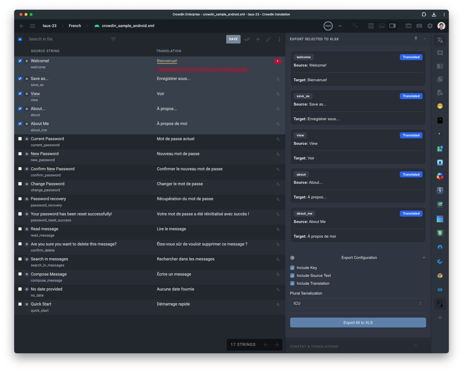 Export selected keys/segments to XLSX