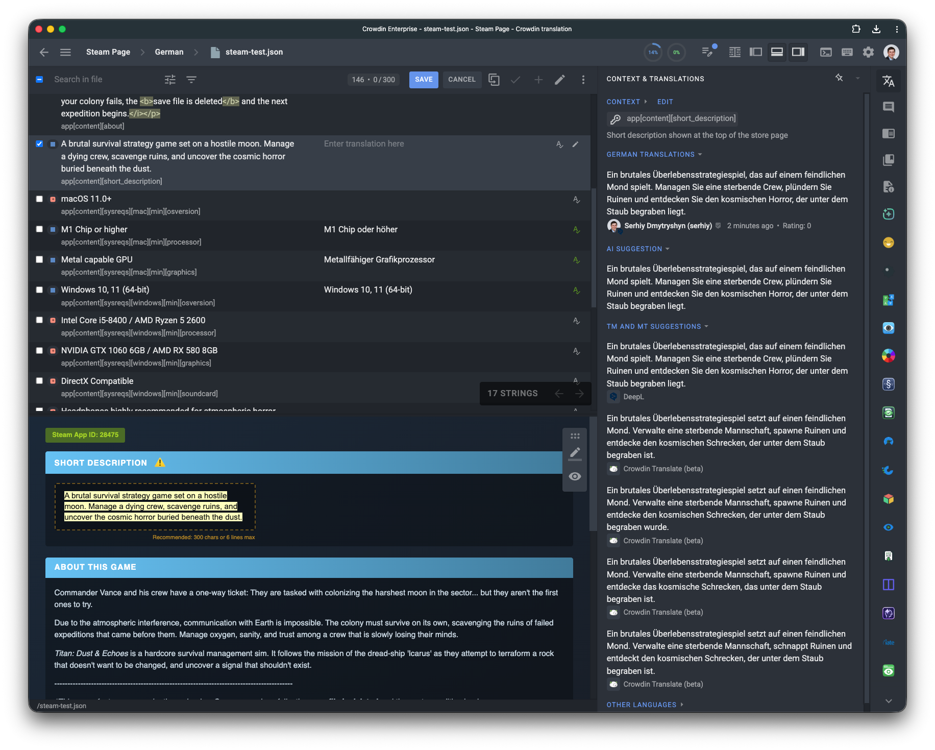 How Steam localization works, a screenshot of Crowdin software