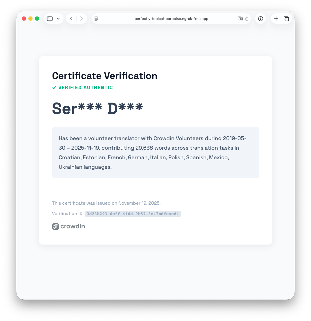 Crowdin certificate verification screen