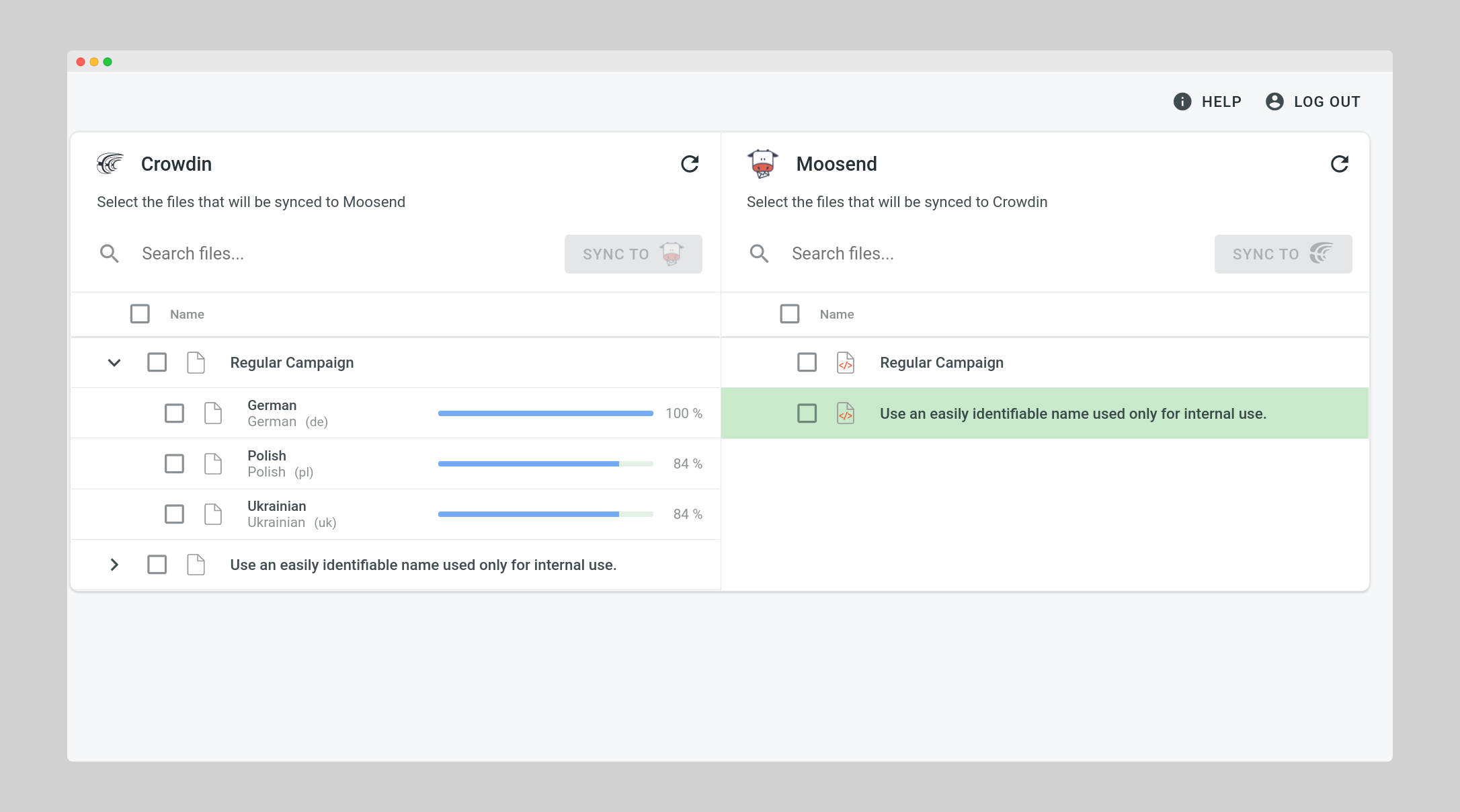 Moosend translation synchronization. Screenshot